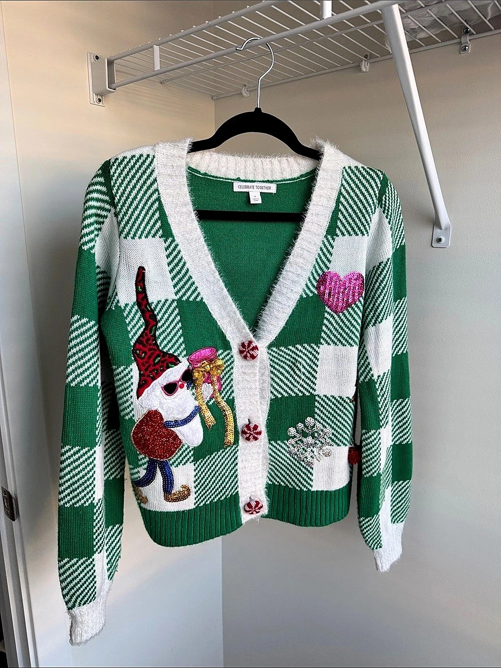 Celebrate Together Green & White Checkered Cardigan Size Small